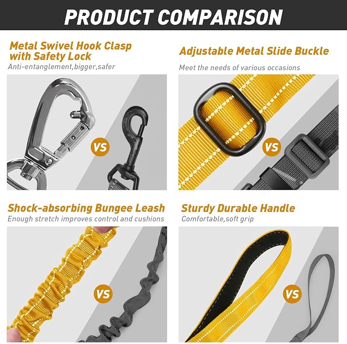 AUBELL Tactical Dog Leash Heavy Duty,4-6ft No Pull Bungee Leash,Yellow | Reflective Dog Leash for Medium Large Dogs with Comfortable Padded Double Handle,Car Seat Belt,360 Degree Rotating Carabiner - Image 8