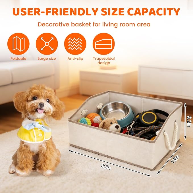 Dog Toy Basket with Handle, Foldable Dog Toy Box for Living Room Area, 20" Basket for Dog‘s Toys, Clothes, Organizers and Storage with Hard Board, Anti-Slip for Pet Toys - Image 2