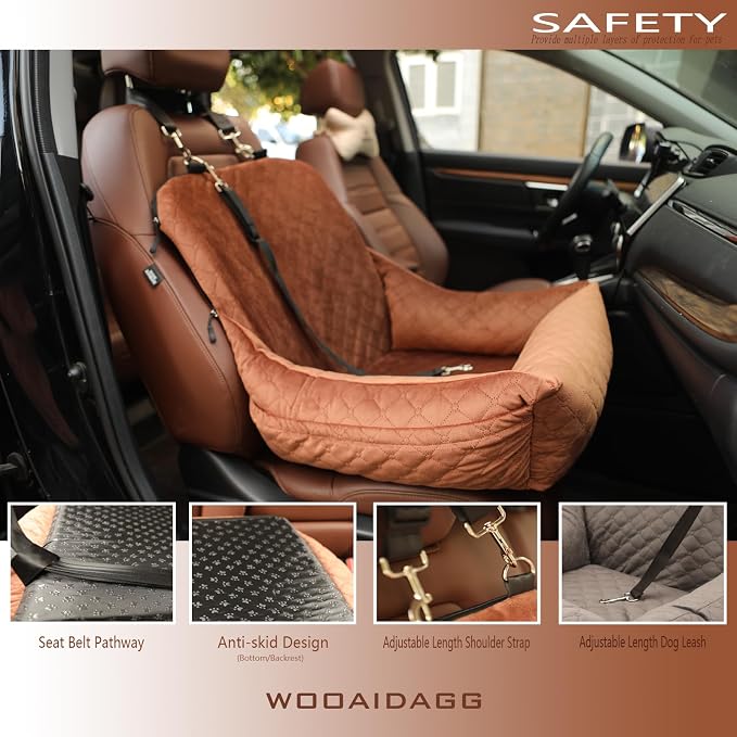 Wooaidagg Dog Car Seat for Small Dogs,Covered Soft Fabric and Fill in Memory Foam,Easy to Assemble and Fully Detachable,2 Clip-On Safety Leashes and Storage Pockets(Brown) - Image 4