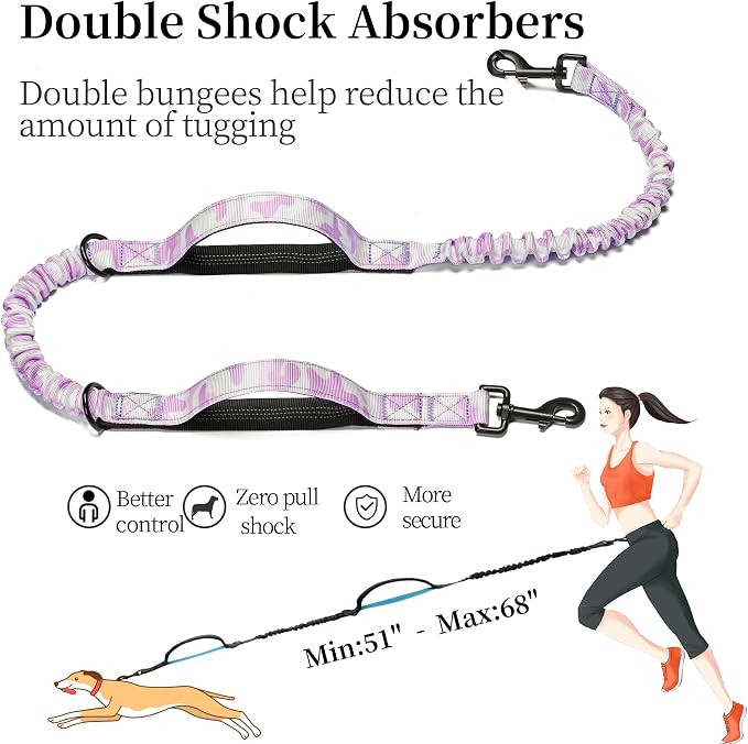 Hands Free Dog Leash with Zipper Pouch, White-Purple Mix, Large | Waist Leash, Dual Padded Handles, Shock-Absorbing Bungee, Adjustable Waist Belt, Walking and Running - Image 5