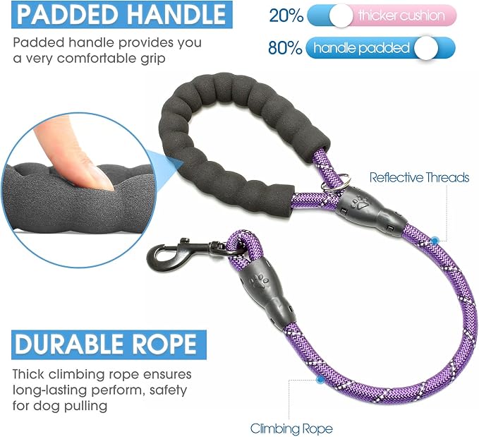 2/4/5/6 FT Dog Leash with Comfortable Padded Handle and Highly Reflective Threads for Small Medium and Large Dogs (2FT-1/2'', Purple) - Image 2