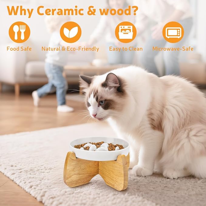 Raised Ceramic Slow Feeder Cat Bowl 6.3" Wide with Stand (1 Pack) | Anti-Gulping & Keep Fit, Dishwasher Safe, For Dry and Wet Food, For Cats and Small Dogs, Shallow Bottom Puzzle Feeder - Image 9