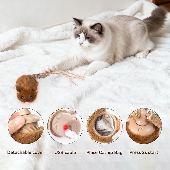 Migipaws Interactive MigiMouse Cat Toy 360° Rolling & Spin with Wiggling Tail for Indoor Cats Smart Motion Sensor, Realistic Squeak, Rechargeable Plush Kitten Toy (Brown) - Image 6