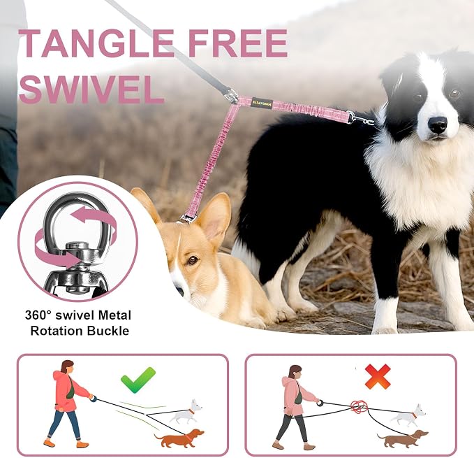 MingXpet 2 Dog Leash, Dog Leash for 2 Dogs, 360° Swivel No Tangle Double Walking Training Leashes for Large Dogs that Pull, Comfortable Shock Absorbing Reflective Bungee, Pink - Image 4
