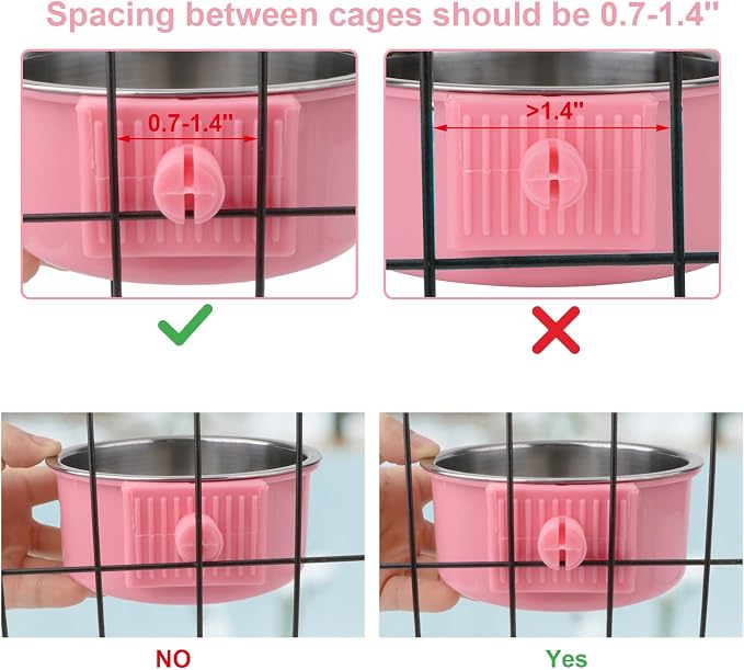 Hypeety Dog Crate Water Bowl No Spill Hanging Attachable Bowls for Kennel | Durable stainless steel, pet food dishes, with non-slip base, easy to clean, for small dogs/cats/rabbits/parrots, 2pcs, pink - Image 3