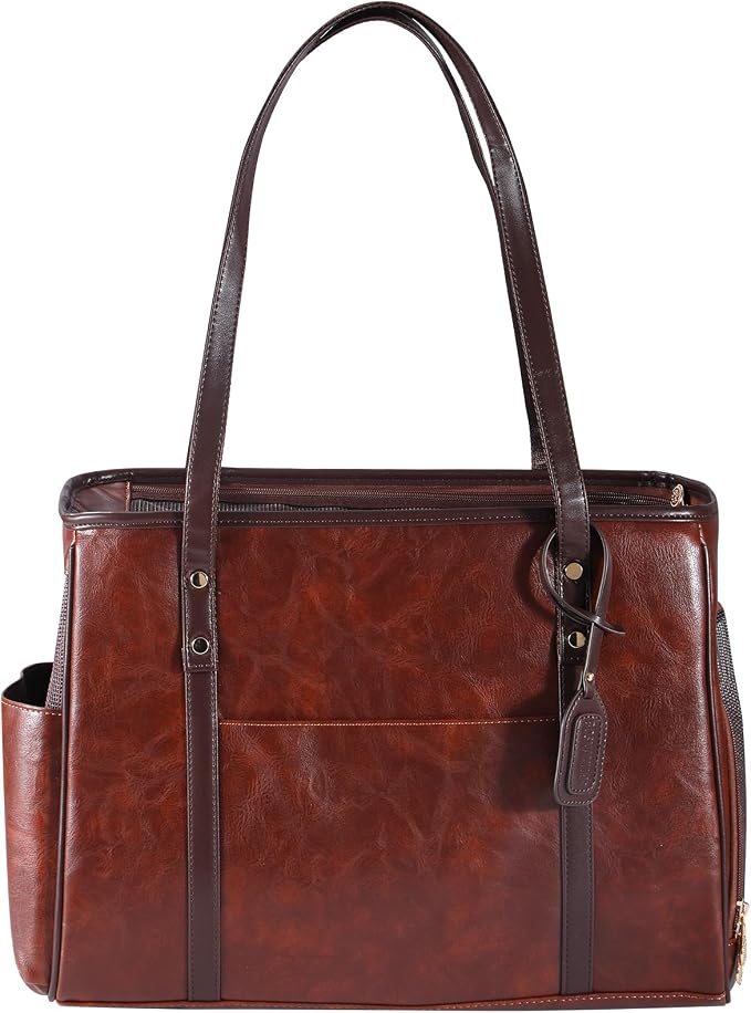 Fashion Dog Carrier Purse, Premium Leather Cat Carrier Bag, Airline Approved Soft Sided Pet Travel Tote Bag with Pockets Coffee - Image 8