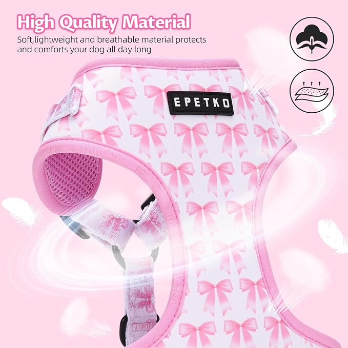 Small Dog Harness and Leash Set of 6, No Pull Soft Lightweight Mesh Puppy Harness, Adjustable Cute Floral Pattern Pet Harness for Small Medium Dogs (Pink Bow, M) - Image 4