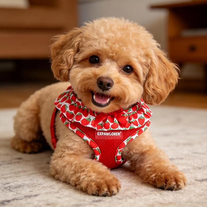 EXPAWLORER Step-in Dog Harness Small Sized and Leash Set | Cute Small Dog Harness No Pull Girl, Breathable Soft Mesh Padded, Adjustable Light Puppy Vest for Dogs Cats, Strawberry XS - Image 8