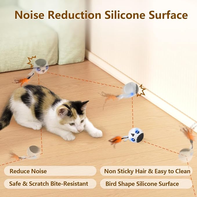 Cat Toys Ball, Smart Motion Sensor Moving Ball with 4 Sounds& 3 Speed Modes | Interactive Automatic Cat Toy for Indoor Cats,Fast Rolling Motion Activated Chirping Stimulating Light, 2 Feather Refill - Image 7