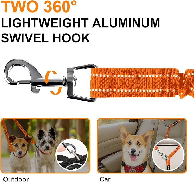 MingXpet 2 Dog Leash, Dog Leash for 2 Dogs, 360° Swivel No Tangle Double Walking Training Leashes for Large Dogs that Pull, Comfortable Shock Absorbing Reflective Bungee, Orange - Image 3