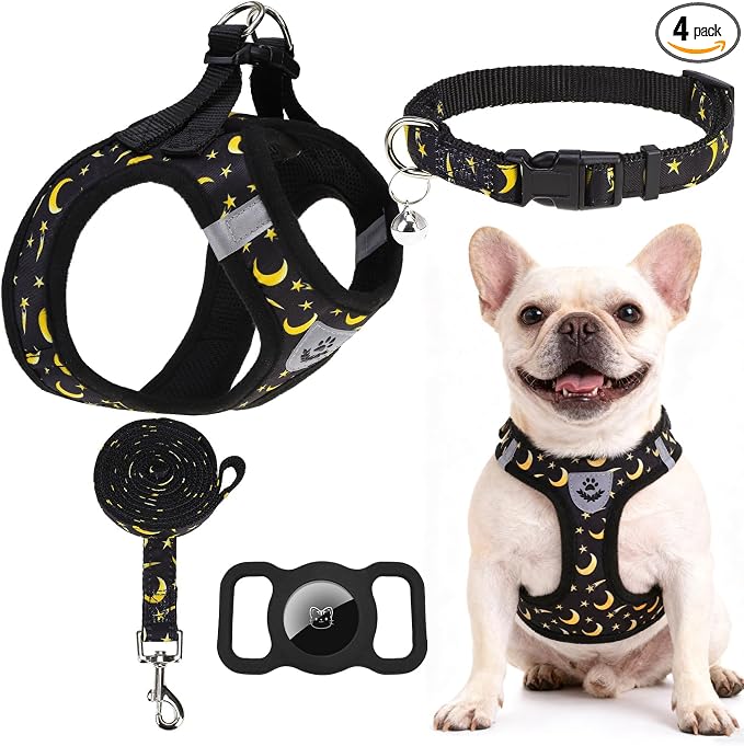 Small Dog Harness and Leash Set - Cute Puppy Harness Leash Dog Collar with AirTag Holder Silicone Case, Soft Padded Step in Pet Vest Reflective for Outdoor Walking, Star-Moon M by EXPAWLORER