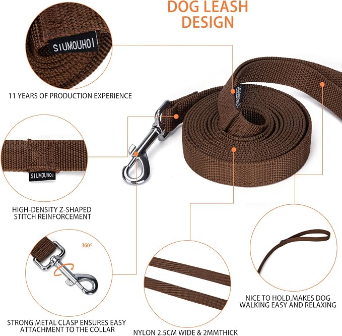 Strong Durable Nylon Dog Training Leash, 1 Inch Wide Traction Rope, 6 ft 10ft 15ft Long, for Small and Medium Dog (Brown, 10 Feet) - Image 3