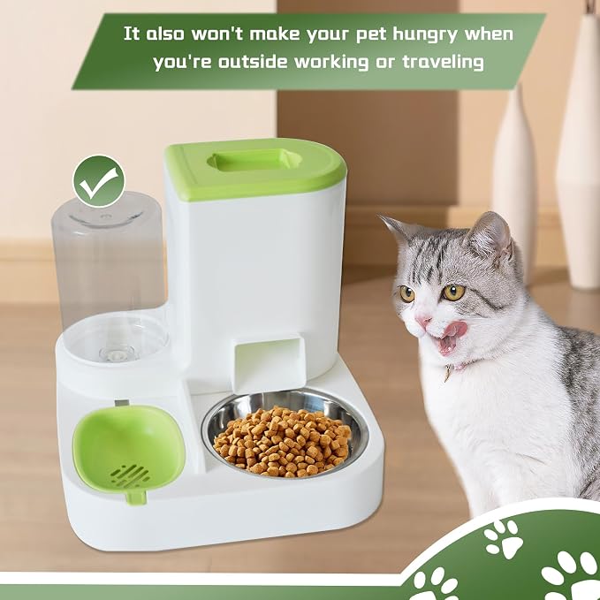2 in 1 Automatic Cat Feeder & Water Dispenser,Gravity Pet Feeder Stainless Steel Food Water Bowl All-in-One Large Capacity Self Feeding for Cats Dogs Small Medium Pets(Green) - Image 2
