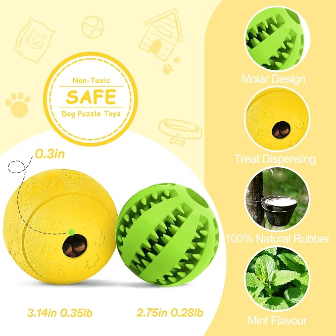 HIPPIH Dog Puzzle Toy 2 Pack, Interactive Dog Toys for Treat Dispensing | Durable Puppy Enrichment Toys, Dog Treat Ball for Teething, Slow Feeder, IQ Training, Green-2.75'', Yellow-3.14'' - Image 2