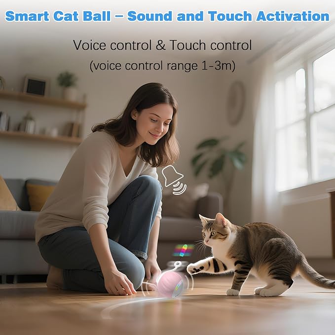 Upgraded 2.36 Inch Large Interactive Cat Toys Ball for Indoor Cats, Pink | Motion and Sound Activated, 2 Speeds, Rechargeable, 5 Replaceable Tails, Stuck-Free Motor, Gray Also Available - Image 5