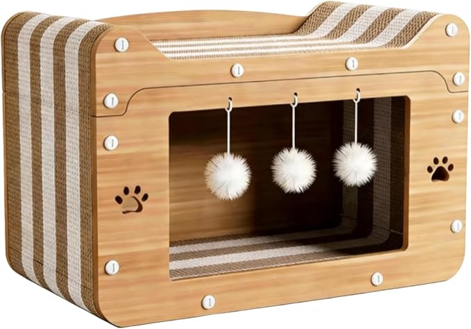 3-in-1 Cat Scratcher House with Balls Cat Bed, Scratcher Cardboard Cat Scratcher Pad, Brown by Unknown