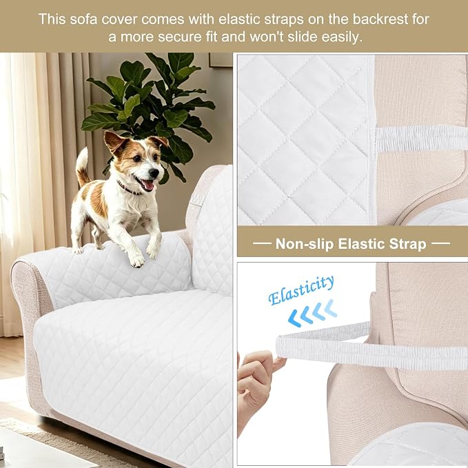 Reversible Loveseat Couch Sofa Covers, 2-Seater, White/White | Loveseat Covers for Dogs Water Repellent, Friendly Furniture Protector with Elastic Straps for Living Room - Image 3