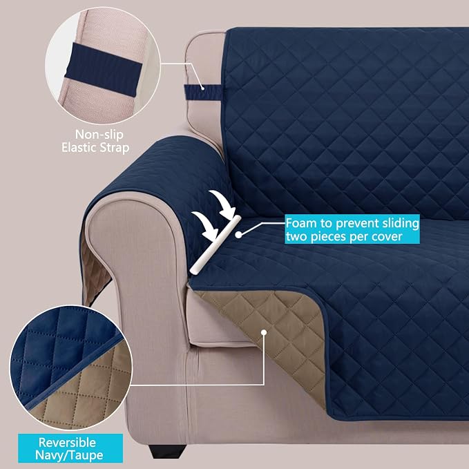 U-NICE HOME Reversible 23''Recliner Small Chair Cover, Navy/Taupe | Recliner Cover for dogs Washable, Pet Friendly, Elastic Straps, Water Repellent, Diamond Quilted - Image 3