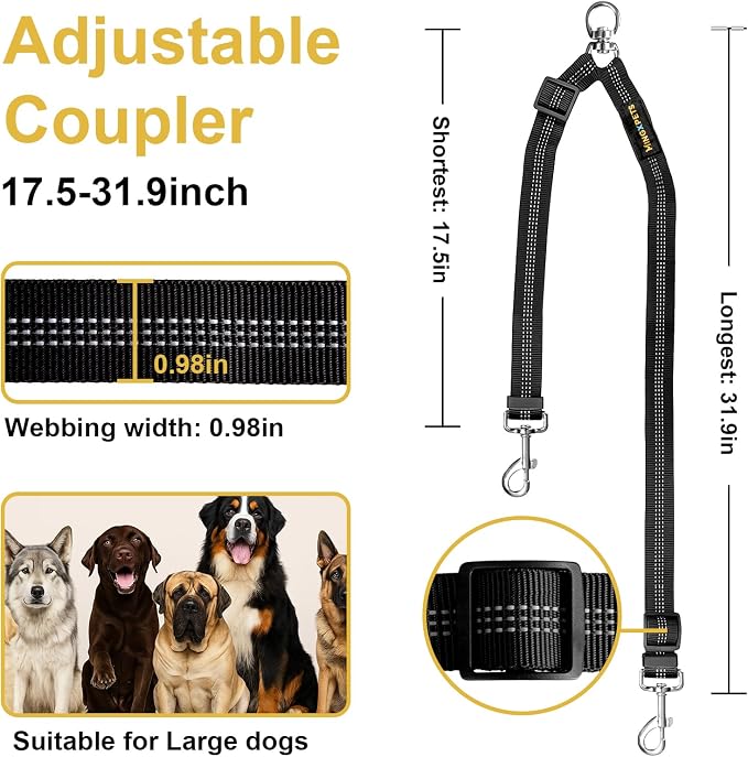 MingXpet Double Dog Leash for Two Dogs, No Pull Dog Leash, 360° Swivel No Tangle for Large Dogs Walking & Training, Shock Absorbing Reflective Bungee, Black - Image 2
