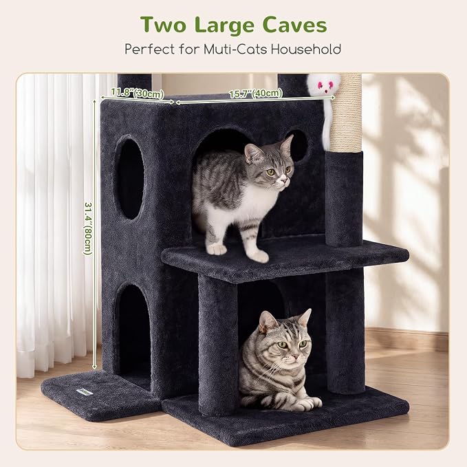 Globlazer Cat Tree Tower for Indoor Cats, 50-inch Adult Cat Tree House for Large Adult Cats with Steps, Scratching Post, 2 Cat Caves, Dangling Toys, FC50, Dark Grey - Image 4