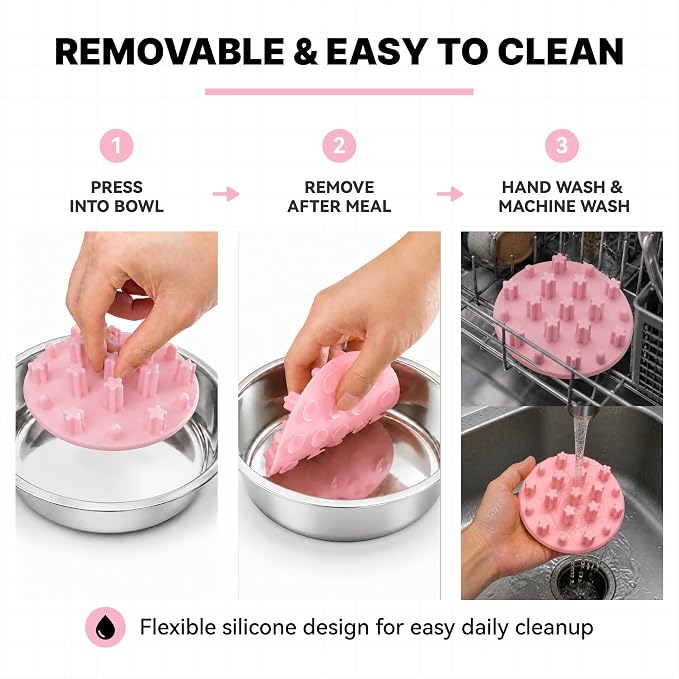 Slow Feeder Insert for Cat Dog Bowls, Anti-Choking Silicone with Strong Suction Cups, Fits Most Cat Bowls, Ideal for Puppy Small Medium Breeds (Pink) - Image 7