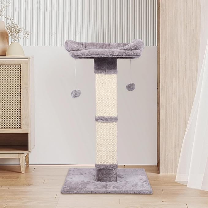34" Tall Cat Scratching Post with Bed, Sisal Scratch Posts Trees with Plush Perch and Hanging Ball for Indoor Cats, Removable Cover, Large Scratch Post and Base, Rugged and Durable, Light Grey - Image 9