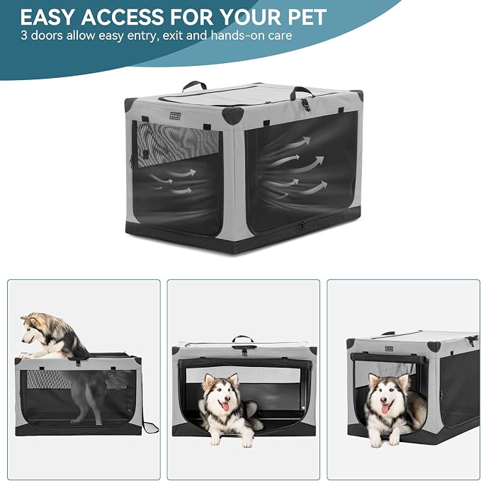 PETSFIT 40" Soft Portable Dog Crate – Patented Spiral Sturdy Frame, Collapsible Travel Kennel for Large Dogs, 3 Mesh Door, Lockable Zippers, Indoor & Car Use Gray - Image 7