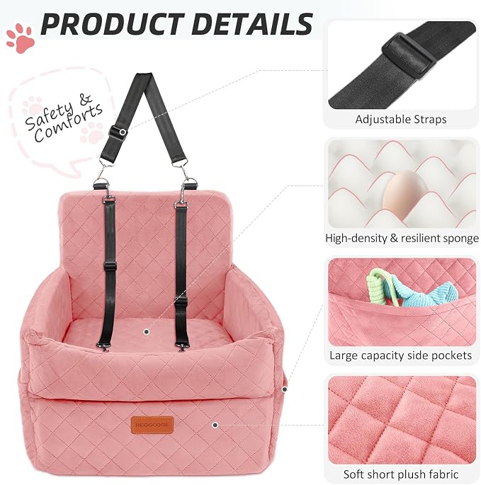 HEGGCOOE Dog Car Seat for Small Medium Dogs, Memory Foam Puppy Dog Booster Seat with Thick Cushion for Dogs Under 35lbs, Detachable Washable Pet Car Seat Travel Bed with Storage Pockets,2 Safety Belts - Image 4