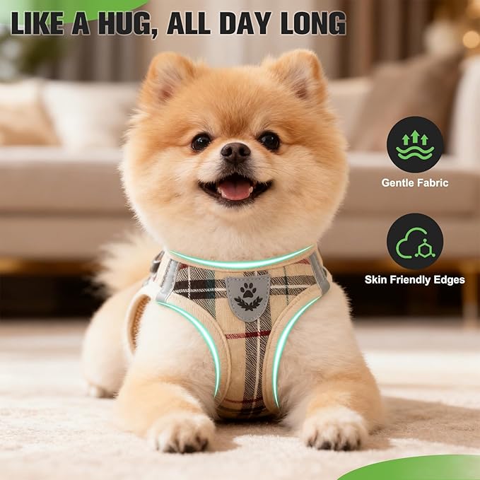 Plaid Small Dog Harness and Leash Set with AirTag Holder - Soft Padded Step in Dog Vest Harness Medium Sized Dog, No Pull Reflective Puppy Harness, Collar and Leash for Walking, Khaki XXS - Image 5