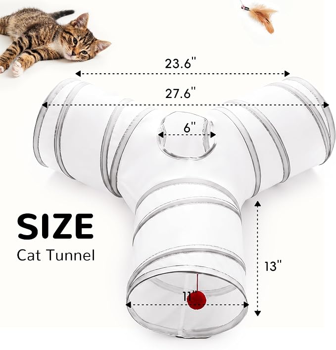 Tempcore Cat Tunnel for Indoor Cats, 3 Way Collapsible Pet Play Tunnel with Teaser Wand, Peek Holes & Hanging Ball, Interactive Tube for Kittens & Rabbits, White & Light Grey - Image 4