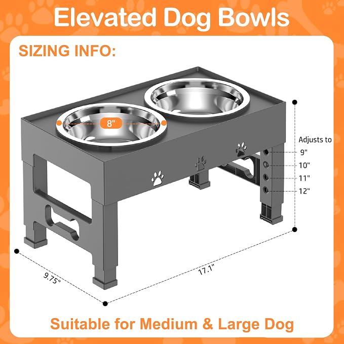 Elevated Dog Bowls with 2 Stainless Steel Bowls, 5-Height Adjustable Stand (3.1", 9" to 12"), for Improved Digestion & Neck Support, Easy Clean, Non-Slip Base Raised Feeder for Medium Large Dogs - Image 5