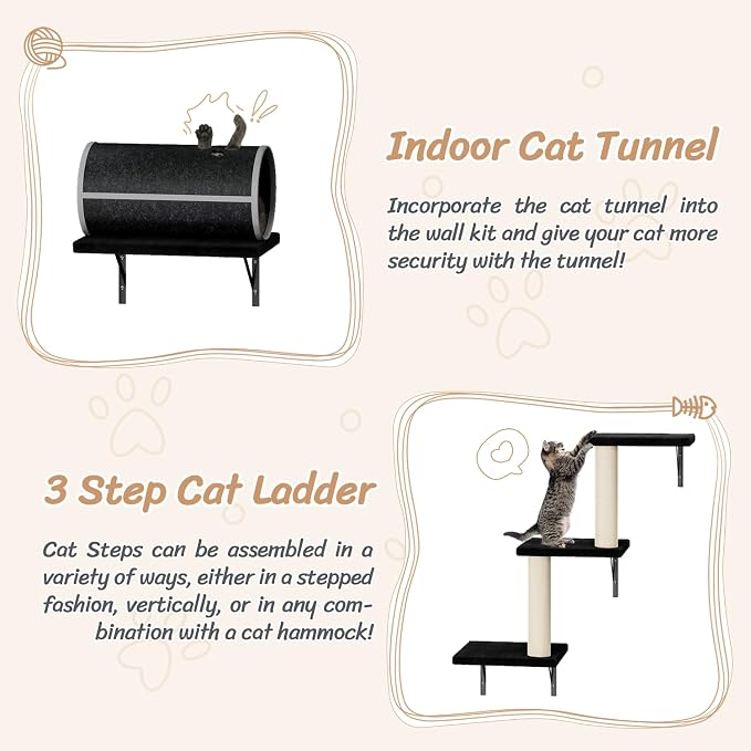 7-in-1 Cat Wall Shelves, Wall Mounted Climber Set | Cat Furniture with House, Tunnel, Bridge, Steps, Scratcher, Hammock, Shelves for Indoor, Black - Image 5
