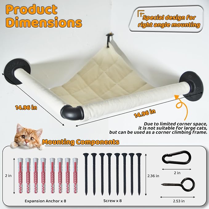 Wall Corner Cat Hammock Wall Mounted, 14.96 x 14.96 in | Wall Furniture Designed Specifically for Corners, Wall Mounted Shelves Cat Beds for Sleeping, Playing, Climbing & Resting - Image 2