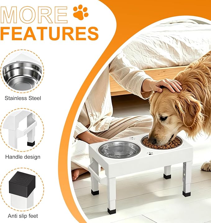 Elevated Dog Bowls Stand Large Breed, Height Adjustable Raised Dog Bowls Holder with 2 Stainless Steel Food Bowls for Small, Medium and Large Canine，White - Image 7