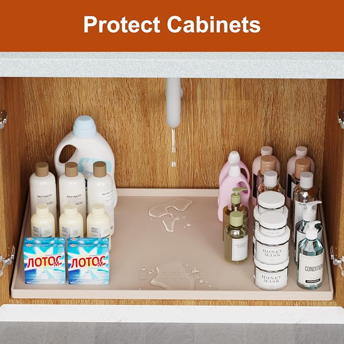 22" x 19" Extra Thick Silicone Mat Waterproof with Raised Edge, Beige | Under Sink Mat for Kitchen & Bathroom, Kitchen Cabinet Liner, Multi-Purpose for Storage & Protection - Image 5