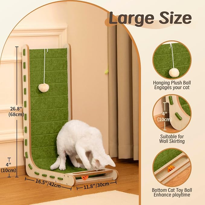 Felt Cat Scratcher for Indoor Cats,26.8 Inch,Green | L Shaped Scratching Post, Scratch Board Scratchers for Large Cat Scratch Pad Furniture Protector with Bell Ball Kitten Toys - Image 3