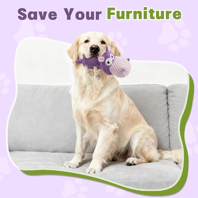 TOOPTATE Hippo Squeaky Dog Toy, Purple, Medium | Cute Plush Design, Rope Legs for Tugging, Helps Keep Dogs Busy, Suitable for Small, Medium, and Large Dogs - Image 6