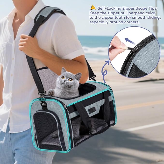 BALEINE Cat Carrier, Puppy Dog Carrier for Small Medium Pets Up to 15 Lbs, Soft-Sided Dog Travel Bag with Safety Zippers, Collapsible Pet Carrying Case (Gray, L, 17"x11"x11") - Image 3