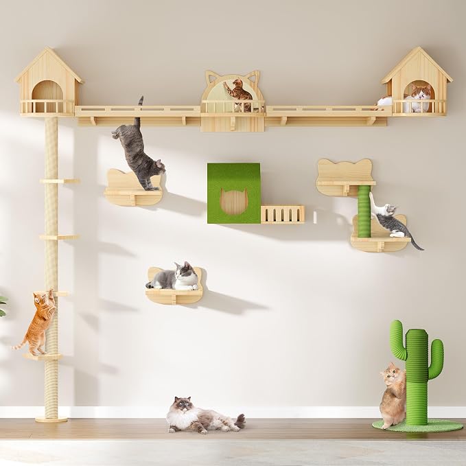 DWVO Solid Wood Cat Wall Shelves and Perches | Wall Mounted Cats Furniture Climbing Shelves for Large Cats with Scratching Posts, Steps, Runway, Scratching Board - Image 2