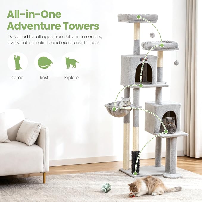 Cat Tree Tower for Indoor Cats Large Adult - 65 inch Extra Tall Cat Condo Trees with Scratching Post Hammock Perch - XL Sturdy Big Heavy Duty Multi Level Cat House Towers - Kitty Climbing Furniture - Image 8