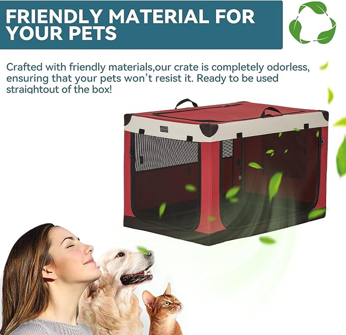 PETSFIT 36" Soft Portable Dog Crate – Patented Spiral Sturdy Frame, Collapsible Travel Kennel for Medium & Large Dogs, 3 Mesh Door, Lockable Zippers, Indoor & Car Use Red - Image 8