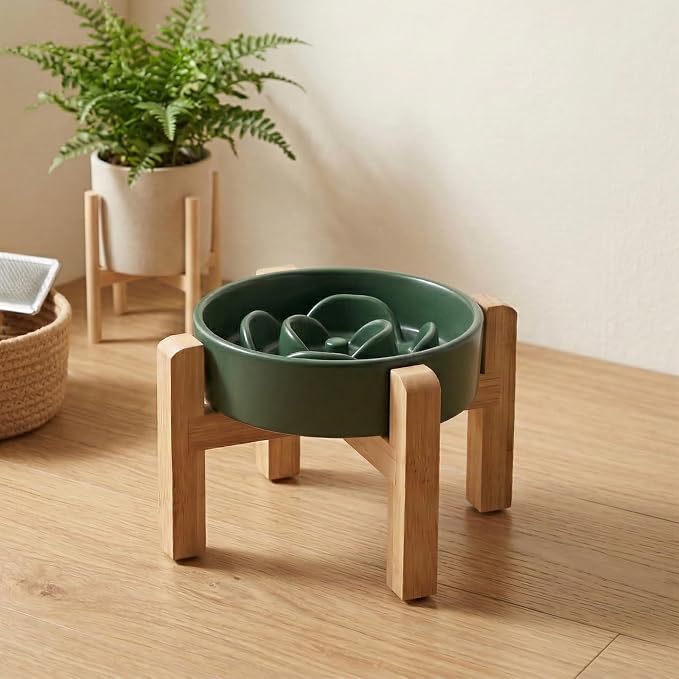 Elevated Ceramic Slow Feeder Dog Bowls Anti-Choking Slow Feeding for Small&Medium Size Anti-Slip Non-Lead & Toxic Durable Easy to Clean Maze Slow Feeder Bowl（8.26in Olive Green Flower Pattern） - Image 7