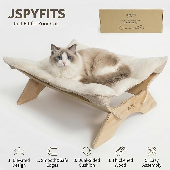 JSPYFITS Elevated Cat Bed Hammock, Raised Cat Bed with Dual-Sided Plush & Linen Cushion, Machine Washable & Breathable Cover Tool Free Easy Assembly, up to 66Lbs (White) - Image 3