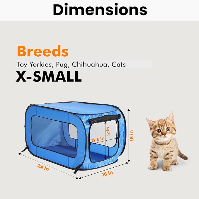 Portable Collapsible Pop Up Kennel, 24"L x 16.6"W x 16"H, Blue | Collapsible indoor/outdoor travel cat and dog crate with mesh screen windows pops up and folds flat for easy storage - Image 2