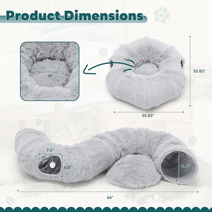 DUMOS Cat Tunnel Bed for Indoor Cats, Cave Donut Play Tunnel, Silver | Soft Plush Peekaboo, Washable Circle Cushion, Multifunctional Playground Under Tree Toys for Kittens, Puppy, Rabbit, Ferret - Image 5