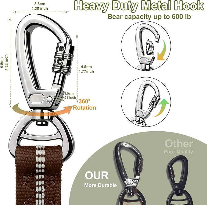 Dog Leash Heavy Duty, Bungee Leash Reflective Car Seat Belt for Dogs Brown | 4-6FT Strong Shock Absorbing Tactical with 2 Padded Handles, Dog Tug Lead for L XLarge Dogs Walking Running Training - Image 2