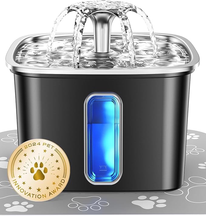 Veken Innovation Award Winner Stainless Steel Cat Water Fountain, 108oz | Automatic Pet Fountain Dog Water Dispenser with Replacement Filters & Silicone Mat for Cats, Dogs (Space Black) by Veken