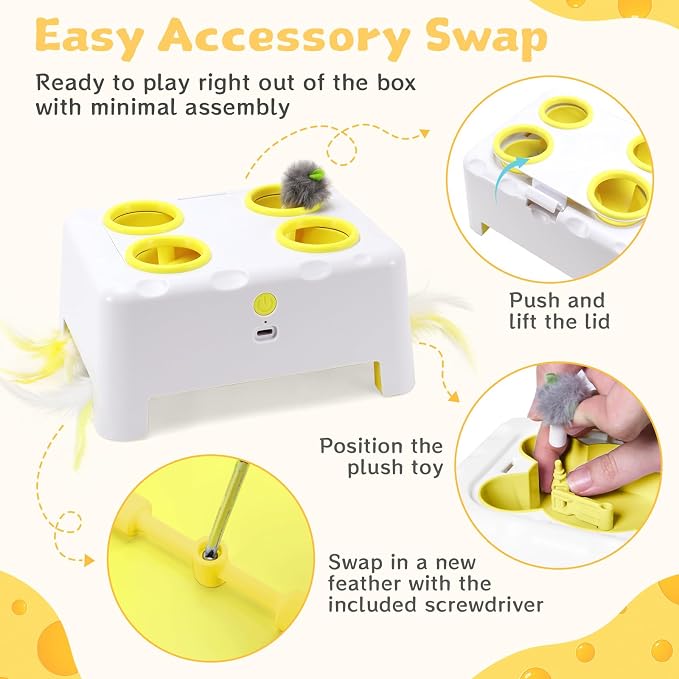 Interactive Cat Feather Toy Cheese Box 3in1 Whack a Mole | 3 Play Modes, Paw-Safe 4 Hole Whack-a-Mole, Anti-Slip Base, 4 Interchangeable Accessories, USB Rechargeable Auto Cat Toy - Image 5