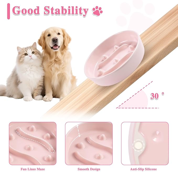 Ceramic Slow Feeder Dog Bowls,1.5 Cups Dog Food Dish for Medium& Large Dogs | 7.5 inch Puzzle Dog Food Bowl for Fast Eater, 28OZ, (Pink) - Image 3