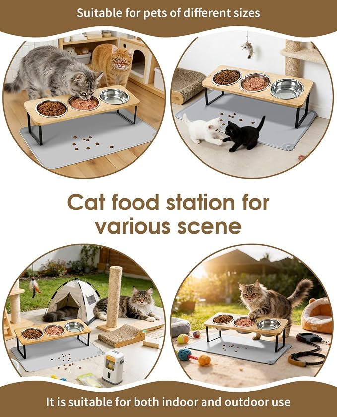 Elevated Cat Bowls, 15°Tilted Raised Cat Food Bowls with Mat, Cat Food and Water 3 Stainless Steel Bowl Set for Indoor, Anti-Vomiting, Whisker Fatigue. - Image 6